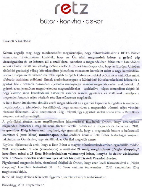 ElÅre kéri a pénzt a retz, vagy nincs konyhabútor tékozló homár Retz bútoráruház