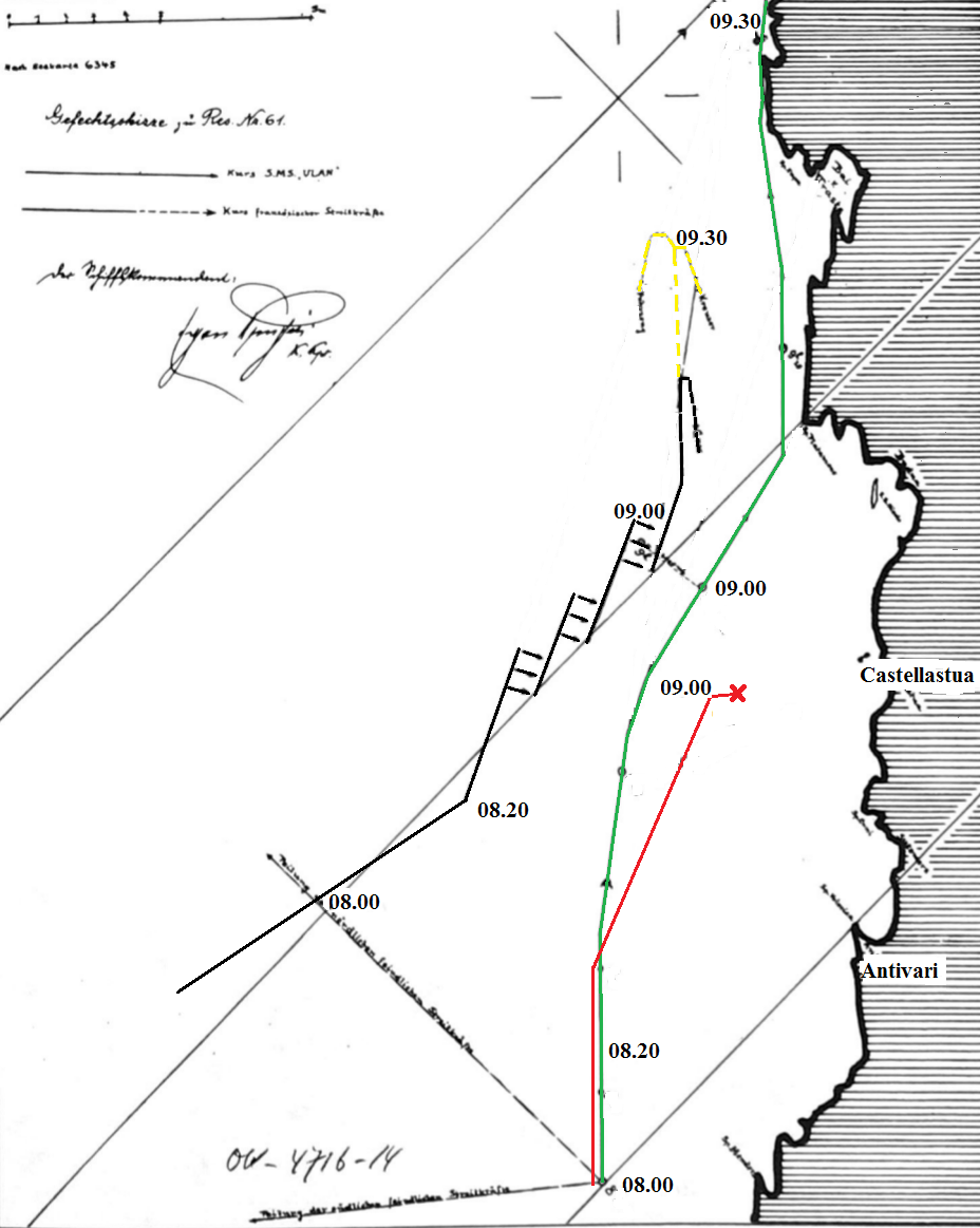Az összecsapás vázlatrajza. Pirossal kiemelve a Zenta, zölddel az Ulan útvonala. A francia csatahajók fekete, a rombolók sárga színnel vannak jelölve.