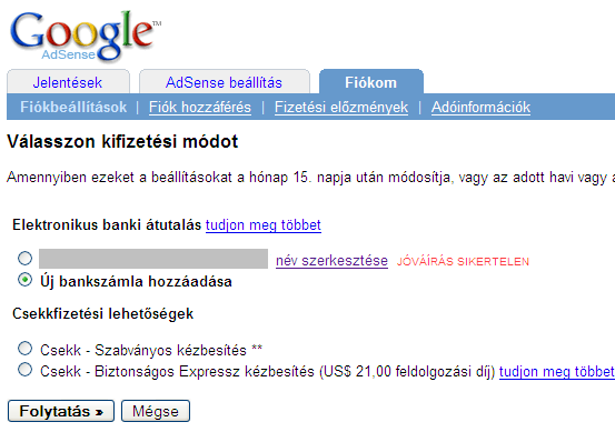 AdSense - Jóváírás sikertelen