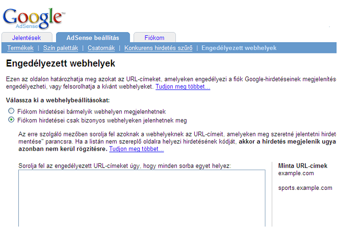 AdSense - Engedélyezett webhelyek