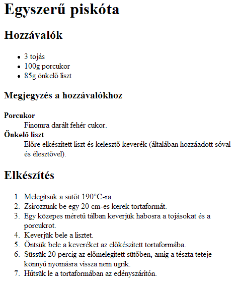 A recept oldal a megfelelő listákkal és vastagított definíciókkal A recept oldal a megfelelő listákkal és vastagított definíciókkal