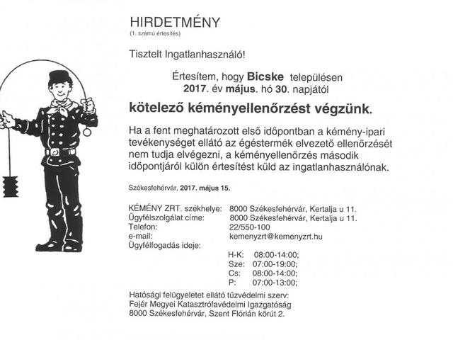 Kötelező kéményellenőrzés május 30-tól Bicskén!