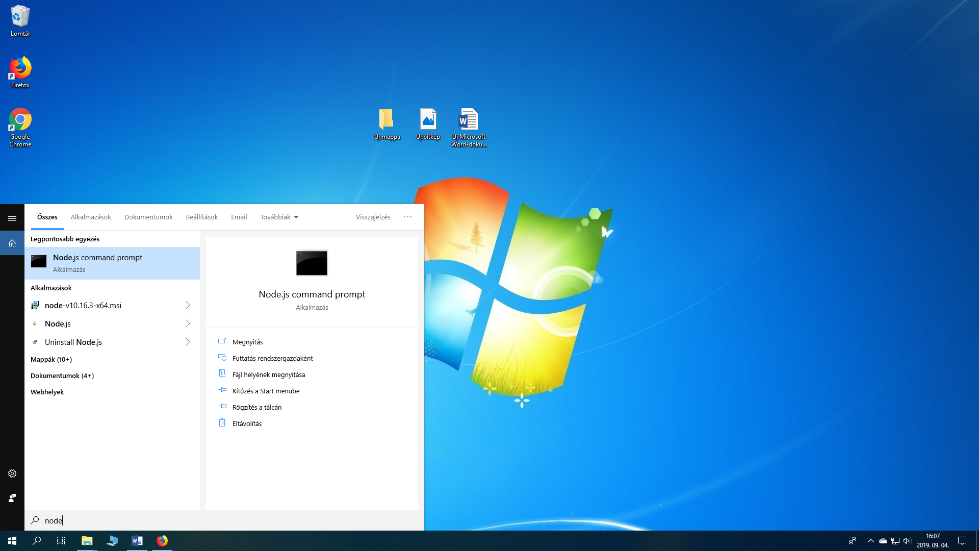 Nyissuk meg a windows keresőbe beírva a Node.js command proptot.