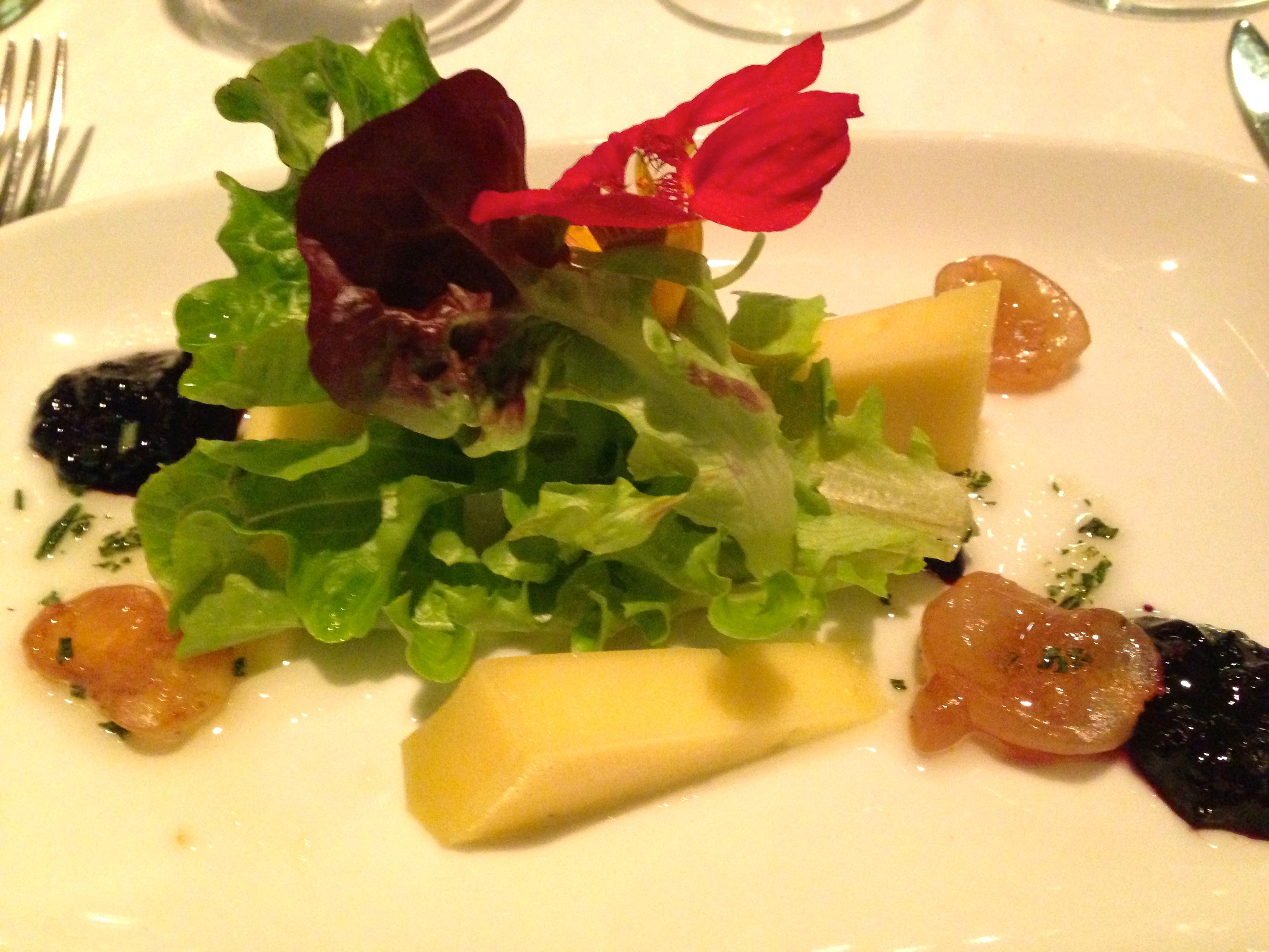 Hegyi sajt, tölgylevél saláta szőlővel keverve, mézes-rozmaringos dresszinggel és bodza lekvárral, árvácskával