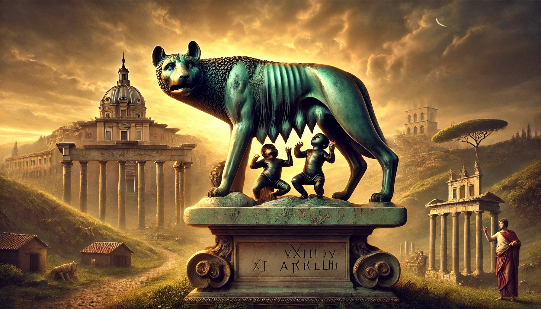 dall_e_2025-04-21_10_59_52_a_mythological-style_digital_painting_of_the_founding_of_rome_in_the_foreground_the_iconic_bronze_statue_of_the_she-wolf_lupa_nursing_romulus_and.webp