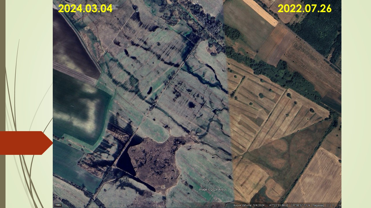 És ezen a képpáron már látszik, tavasszal a víz lett az úr ebben a tájrészletben, de nyáron zajlik továbbra is a kaszálás. FONTOS! A tájnak visszaadott víz nem ellehetetleníti, hanem segíti a bölcs gazdálkodást!