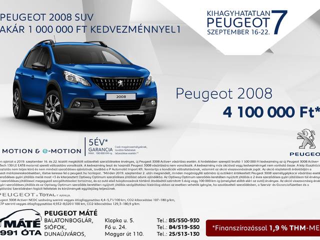 Peugeot 2008 akár 1 000 000 Ft kedvezménnyel*
