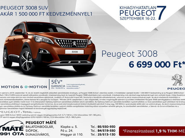 Peugeot 3008 akár 1 500 000 Ft kedvezménnyel* 