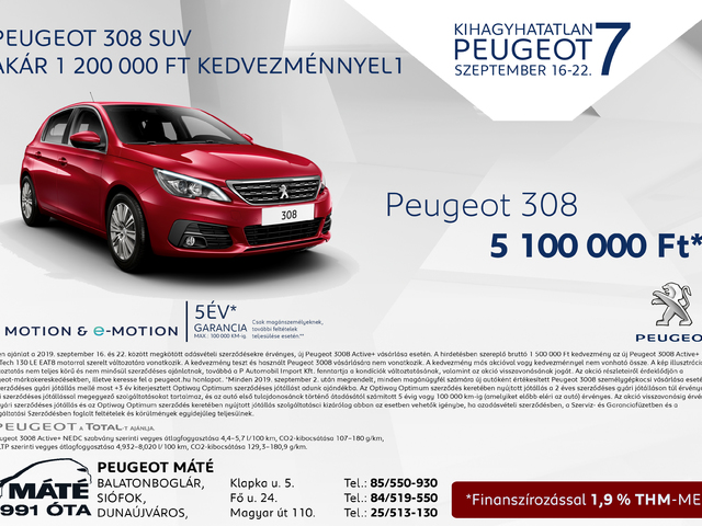 Peugeot 308 akár 1 200 000 Ft kedvezménnyel*