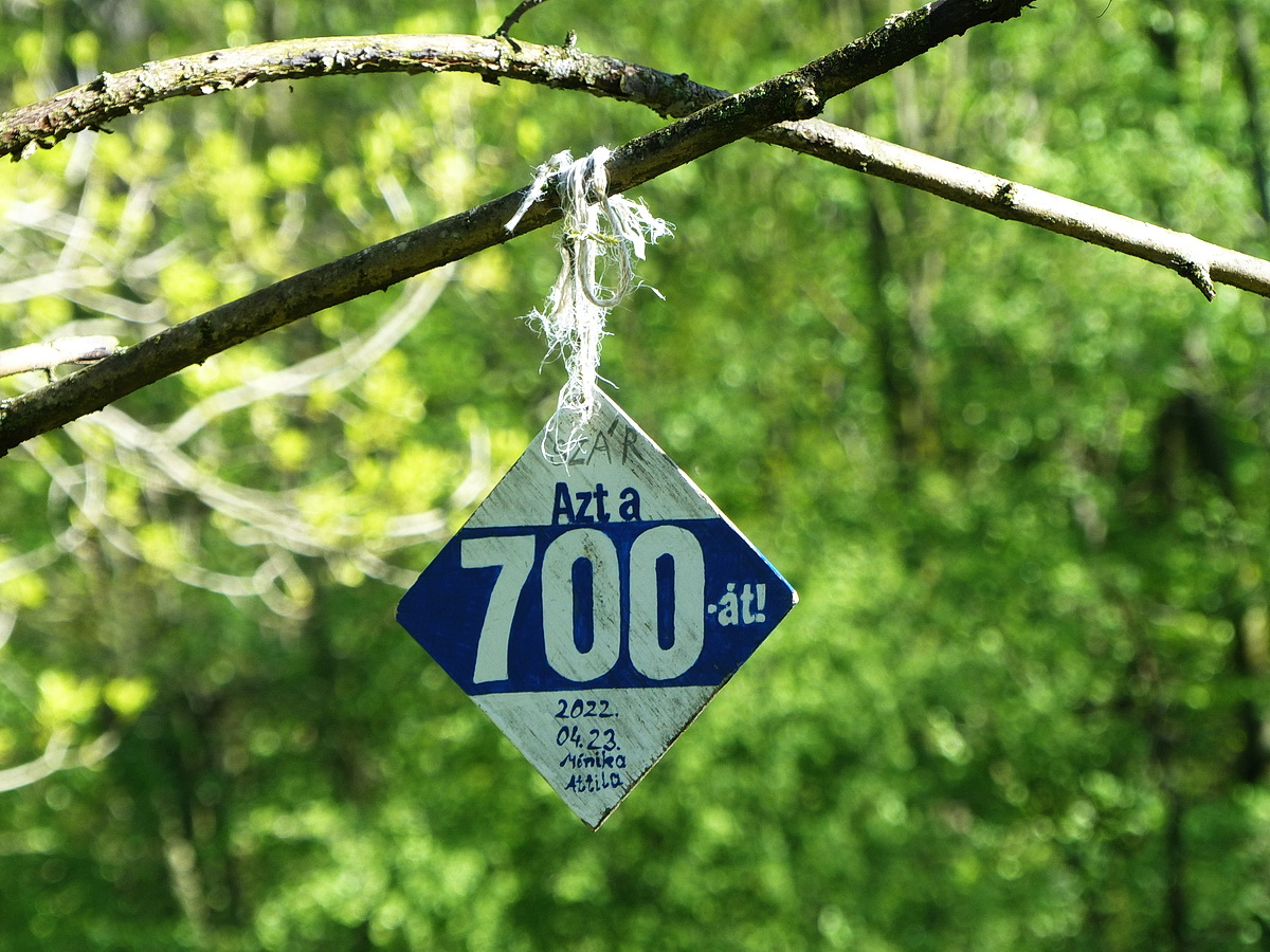 Mónika és Attila táblája a kéktúrán megtett 700. kilométerükről