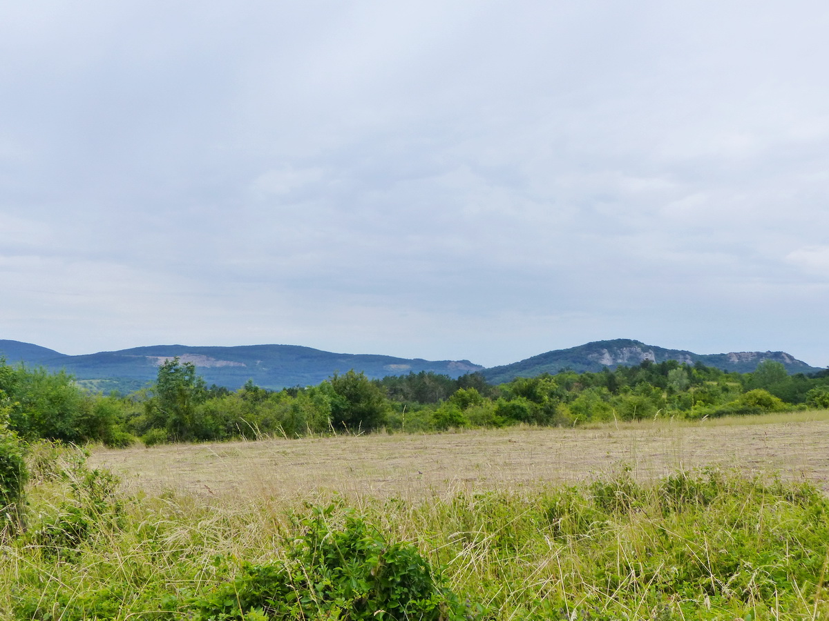 A Nagy-Bersek-hegy kőfejtője (balra) és a Bajóti Öreg-kő (jobbra) a Látó-hegy fennsíkjáról nézve