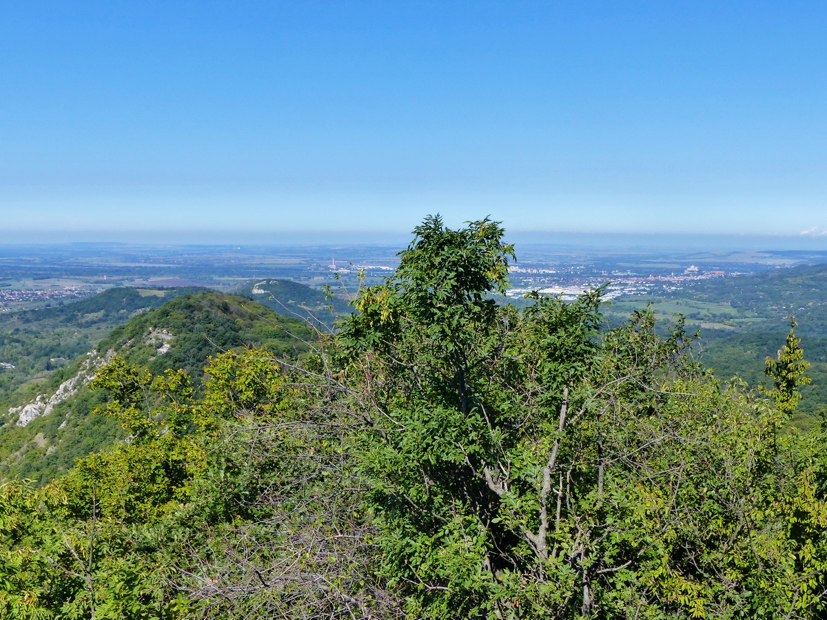 Kilátás az Öreg-szirtről. Balra a Pilis gerincének már bejárt szakasza, jobbra pedig Esztergom látszik a távolban.