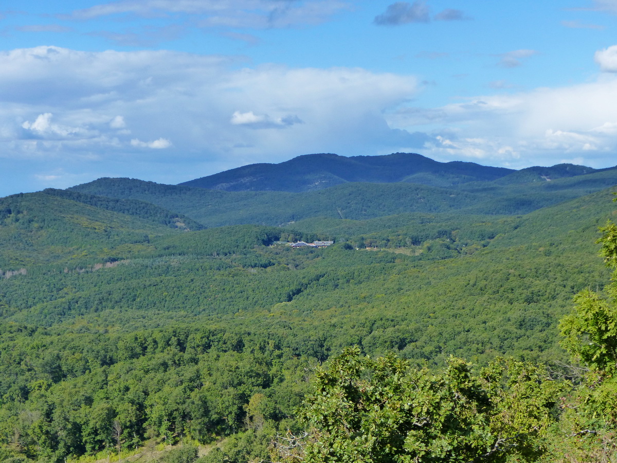 Kilátás a Központi-Börzsöny 800-900 méteres hegyeire és Nagyirtáspuszta szállóira