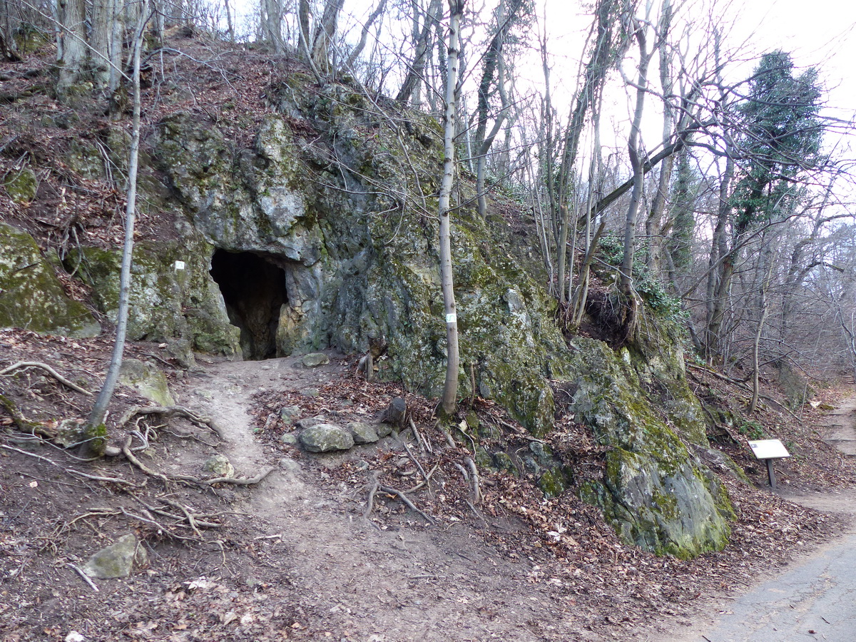 A János-hegy oldalában található az Átjáró-barlang. Felső bejárata épp szemben van, az alsó pedig a kép jobb szélén, a tábla mellett nyílik.