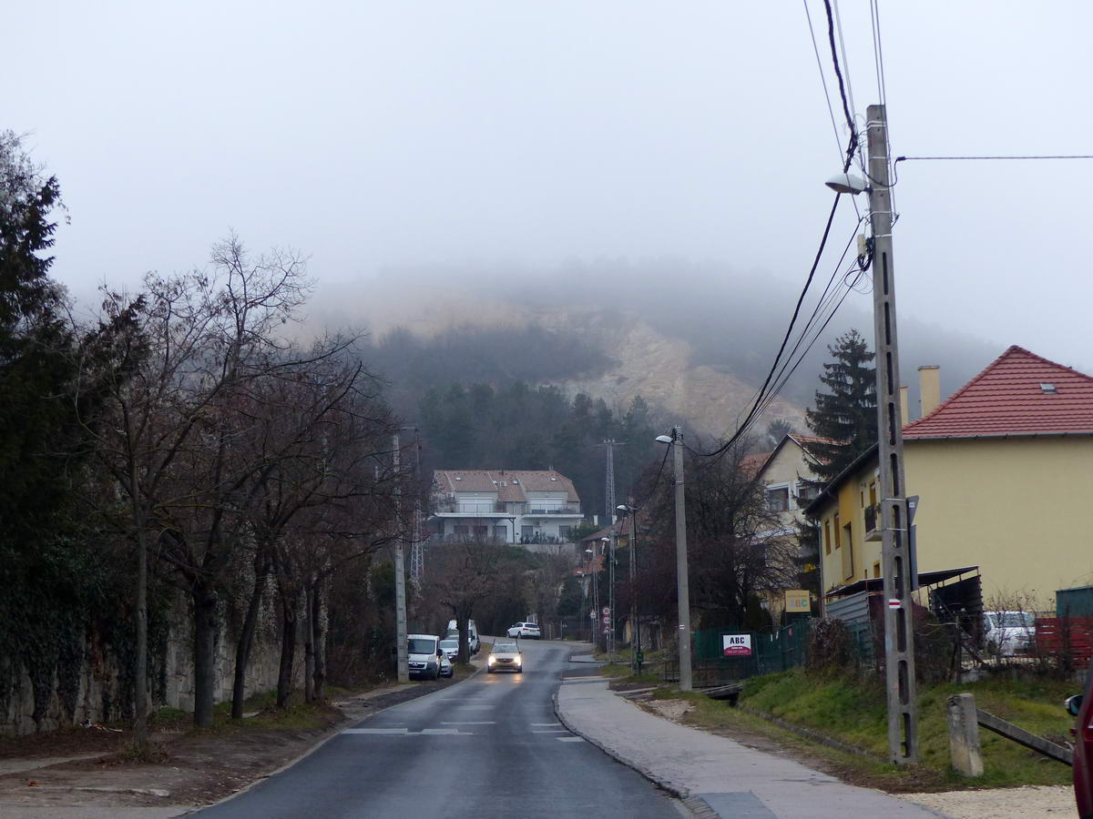 Az Ürömi úton előretekintve már látszik, hogy a Róka-hegy csúcsa belemerül a ködbe