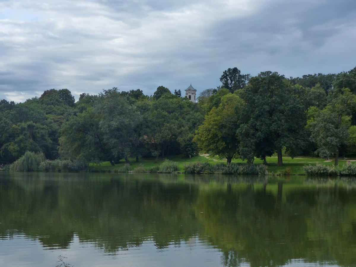 A horgásztó mögötti erdő fái fölé magasodik a Majki Kamalduli Remeteség templomtornya