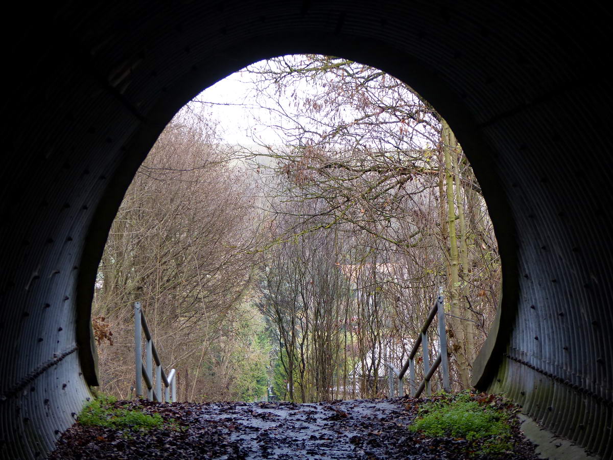 Visszatekintés az M1 autópálya alatti alagútból Nagyegyháza szélső házaira