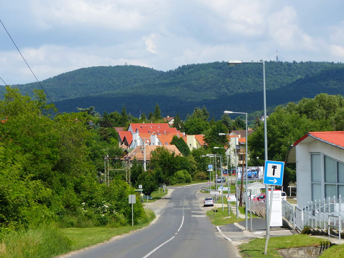 Még feltekinteni is fárasztó Budakesziről a Budai-hegység gerincére, pedig nekem még fel is kell tekernem a János-hegyre! Az Erzsébet kilátó tornya már látható balra az erdős csúcson.