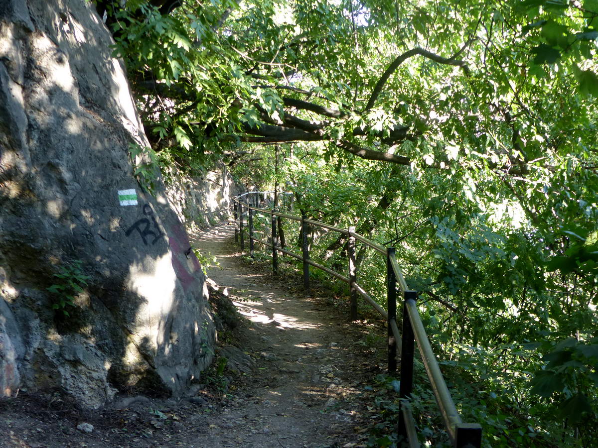 Zöld sáv jelzés a Gellért-hegy dolomitszikláján a sétány mellett.