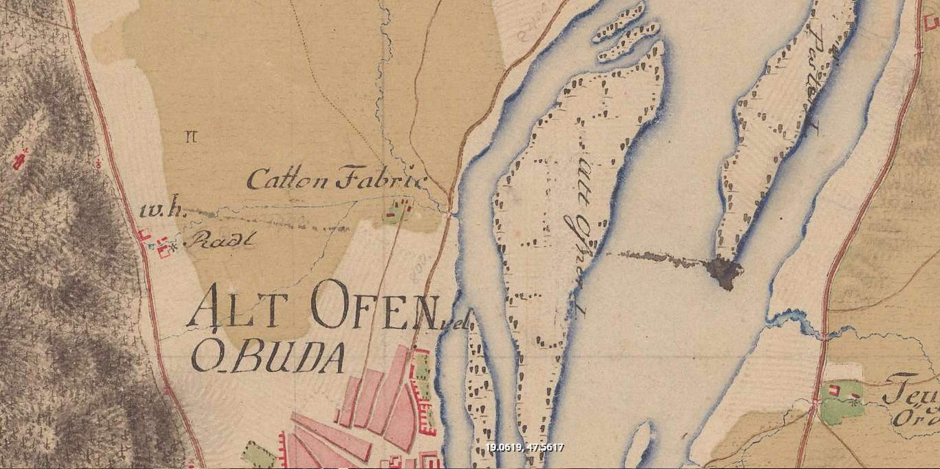 Cotton Fabric néven szerepel a város szélén a pusztában magányosan álló fonóüzem az 1782-1785 közötti első katonai felmérés térképén [3]