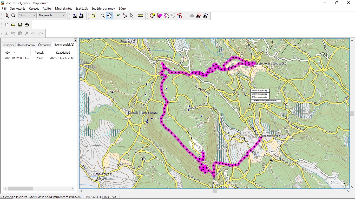 Itt a MapSource alkalmazással dolgozom. A képernyőn a legutóbbi túrám trekkje van megnyitva