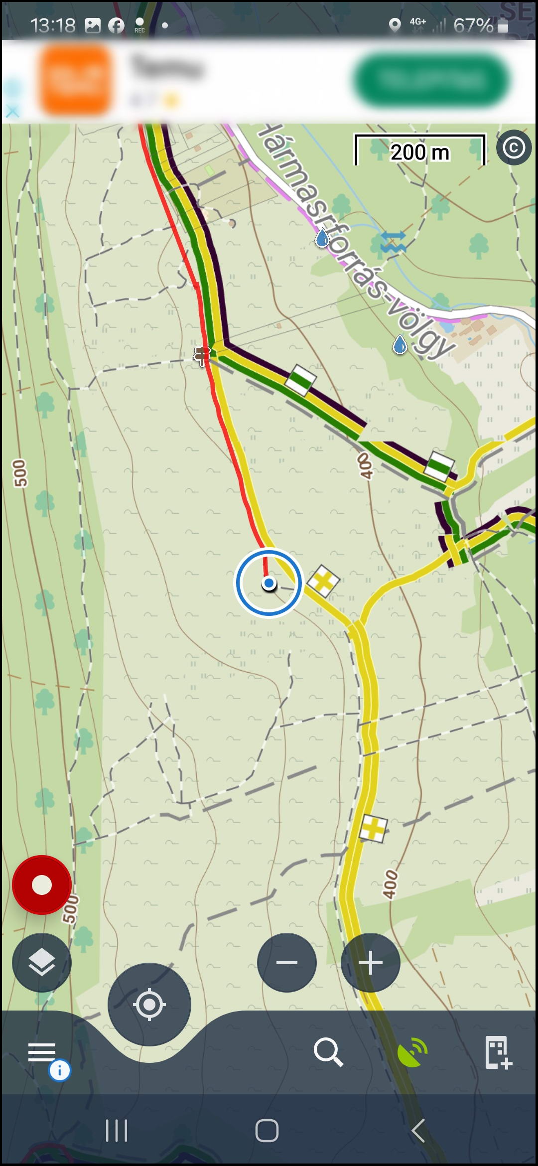 Bekapcsolva az útvonalrögzítést piros vonal mutatja a megtett utat