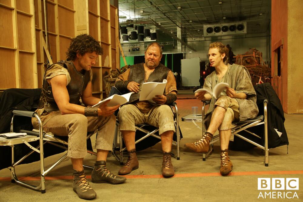 Jack Donnely (Jason), Mark Addy (Herkules) és Robert Emms (Pitagorasz) az első forgatási napon (fotó: BBC America)