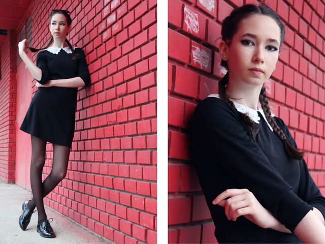 Black dress, white collar