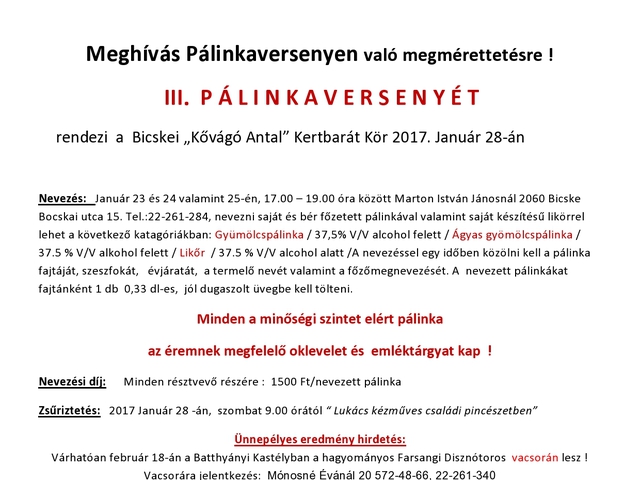 A III. bicskei Pálinkaverseny január 28-án lesz