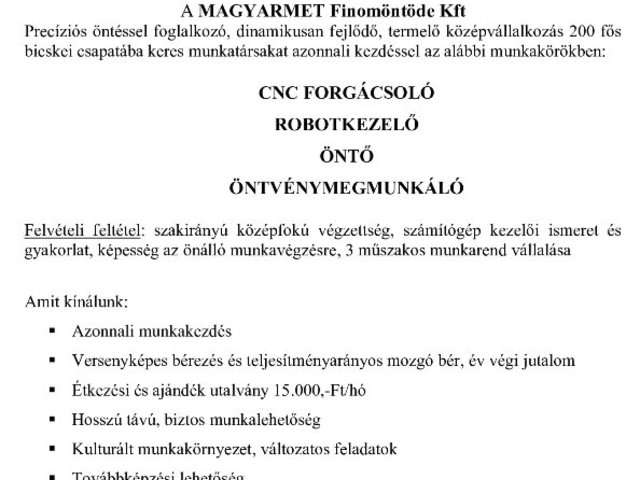 Álláslehetőség Bicskén azonnali kezdéssel