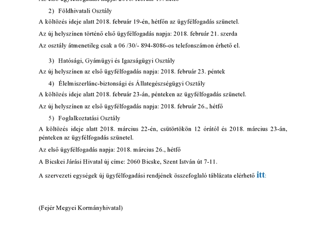 A Bicskei Járási Hivatal ügyfélfogadási rendje