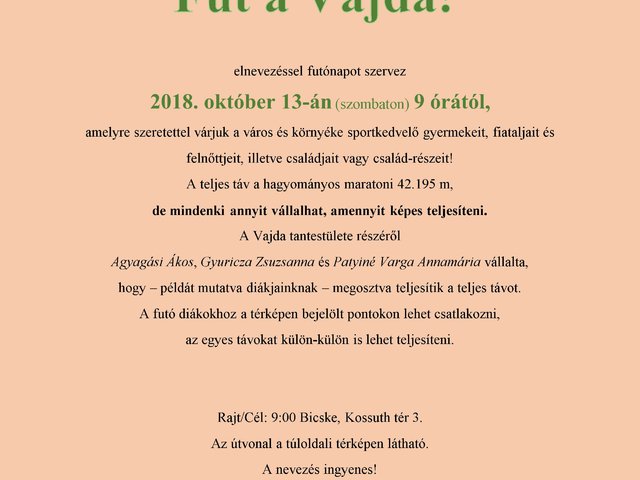 Minden nevezőt vár a Vajda János Gimnázium a futók napján!
