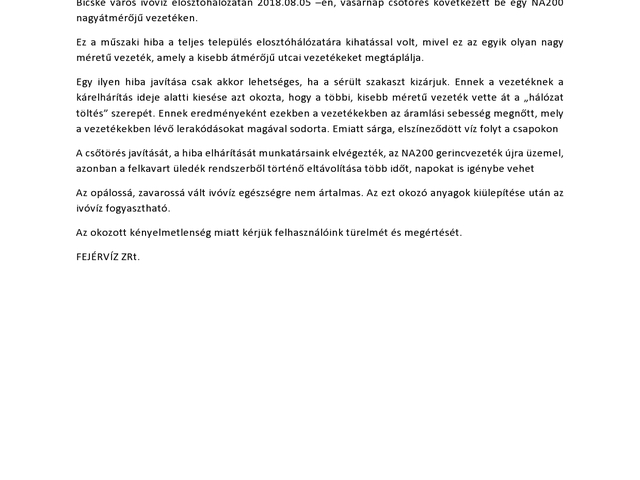 A Fejérvíz Zrt. hivatalos közleménye a vezetékes vízzel kapcsolatban