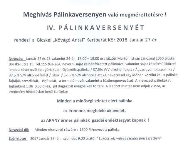 Meghívó a bicskei pálinkák minőségi versenyére