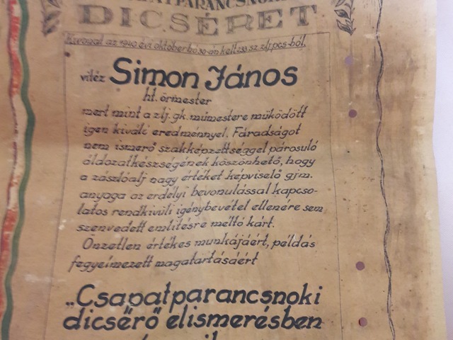 1940. október - Csapatparancsnoki dicséret az erdélyi bevonulás idejéből