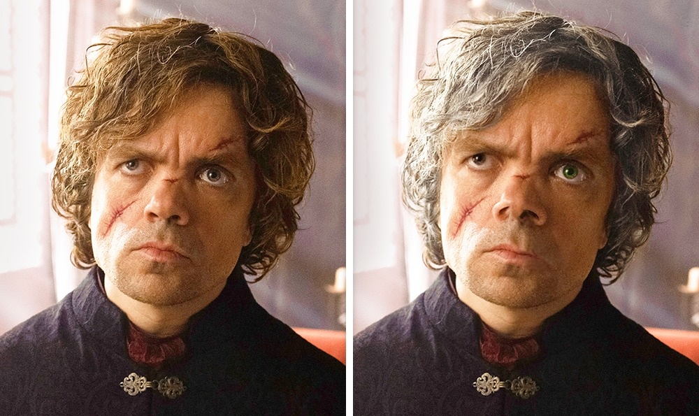 Tyrion Lannister: Ő az a Lannister, akinek nem arany haja van, hanem ezüstös szürke és felemás szeme. Az egyik barna, a másik kék. Plusz a feketevizi csata óra orra sincs, de ilyen képet nem találtam