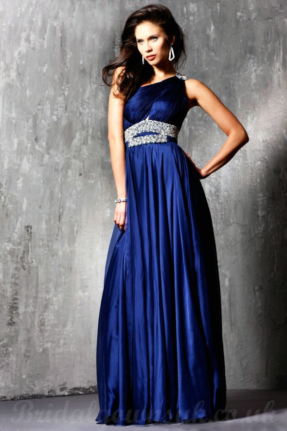 Double Crystal Banding Waist One Shoulder Royal Blue Glorious Bridesmaid Dress.jpg