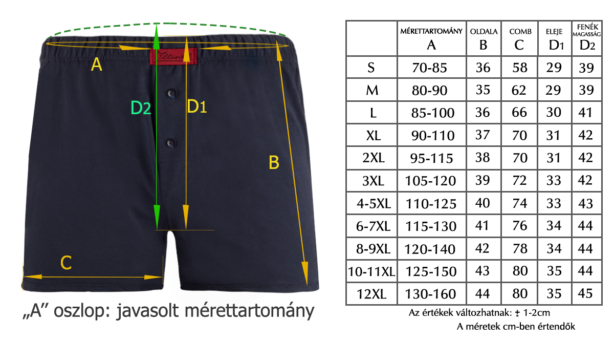 mérettáblázat pamut boxer