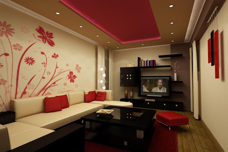 modern-small-living-room_with-nice-red-floral-pattern-wallpaper_light-brown-sofa_dark-storage-and-bookshelv_rectangular-pattern-lihgting.jpg