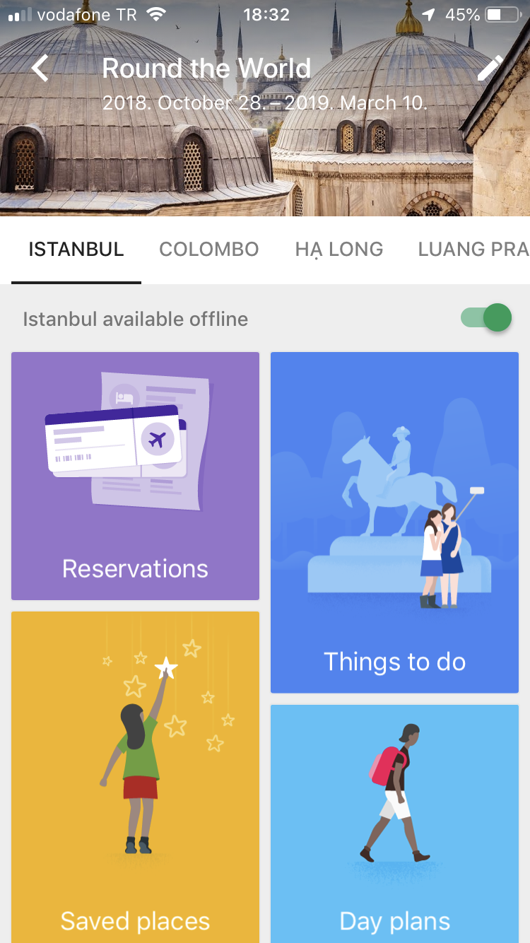 A Google Trips kezdőlapja