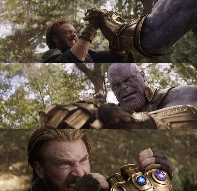 Amerika Kapitány és a meglepődött Thanos, ki nem érti, hogyan tudta őt blokkolni egy ‘egyszerű‘ halandó