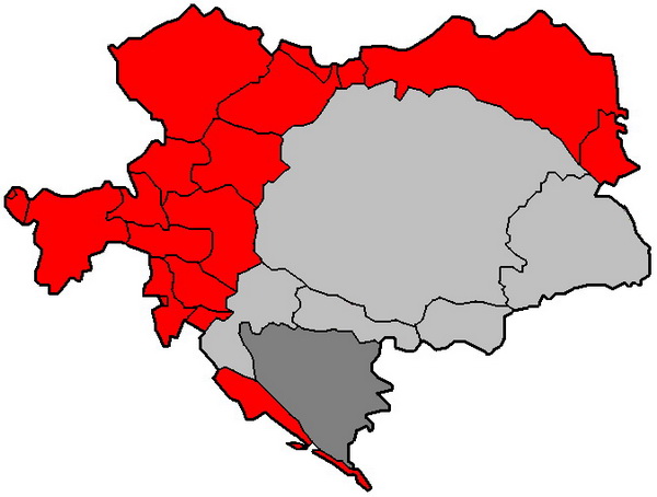 Ziesleithanien - Az osztrák területek pirossal jelölve. Világos szürkével a Magyar Királyság.