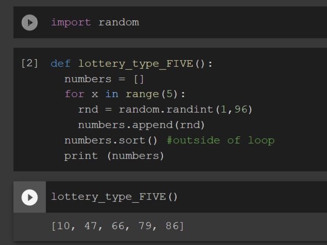 Lottery number generator in Python with Google Colaboratory