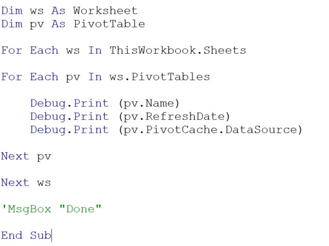 VBA List data connections of each Pivot Table