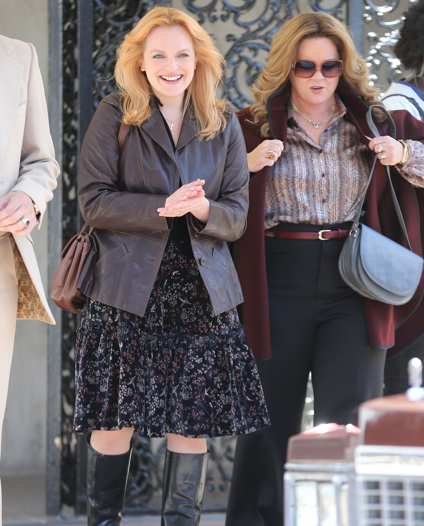 Elisabeth Moss and Melissa McCarthy are ready for their close-up on the Brooklyn, New York set of The Kitchen.