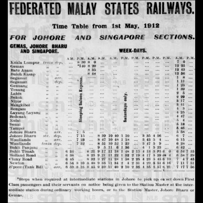 Kuala Lumpur és Szingapúr közötti vasúti menetrend 1912 tavaszáról.