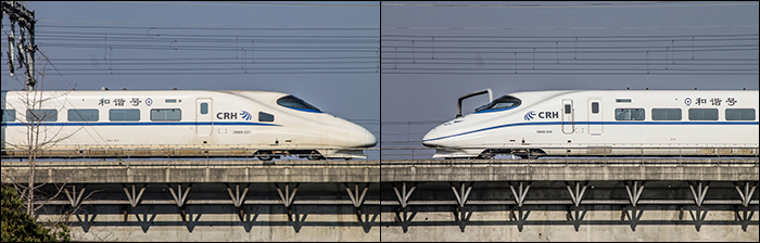 China Railways CRH2A (bal) és CRH2C (jobb) vezérlőkocsijainak kialakítása. Megfigyelhetjük, hogy a módosított változat további fényszórókkal, vezetőállásra nyíló ajtóval és az orron is végigfutó kék sávozással kerül forgalomba.