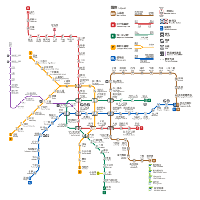 A Taipei MRT jelenlegi, 2017-es kiterjedése, kiegészítve a Taoyuan MRT (lila) valamint Maokong libegő vonalával. A képre kattintva az nagyobb méretben is megtekinthető! (Forrás: Wikipedia)