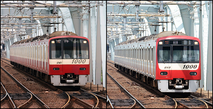 Élesebb szeműek észrevehetik a Keikyu 1000-es sorozatának alumínium (bal) illetve acél (jobb) felépítményű kocsijai közti apróbb különbségeket. AL kocsiszekrénnyel a sorozat 2002 és 2005 közt készült, míg acél felépítménnyel a 2007 és 2016 között gyártott tagjai rendelkeznek.