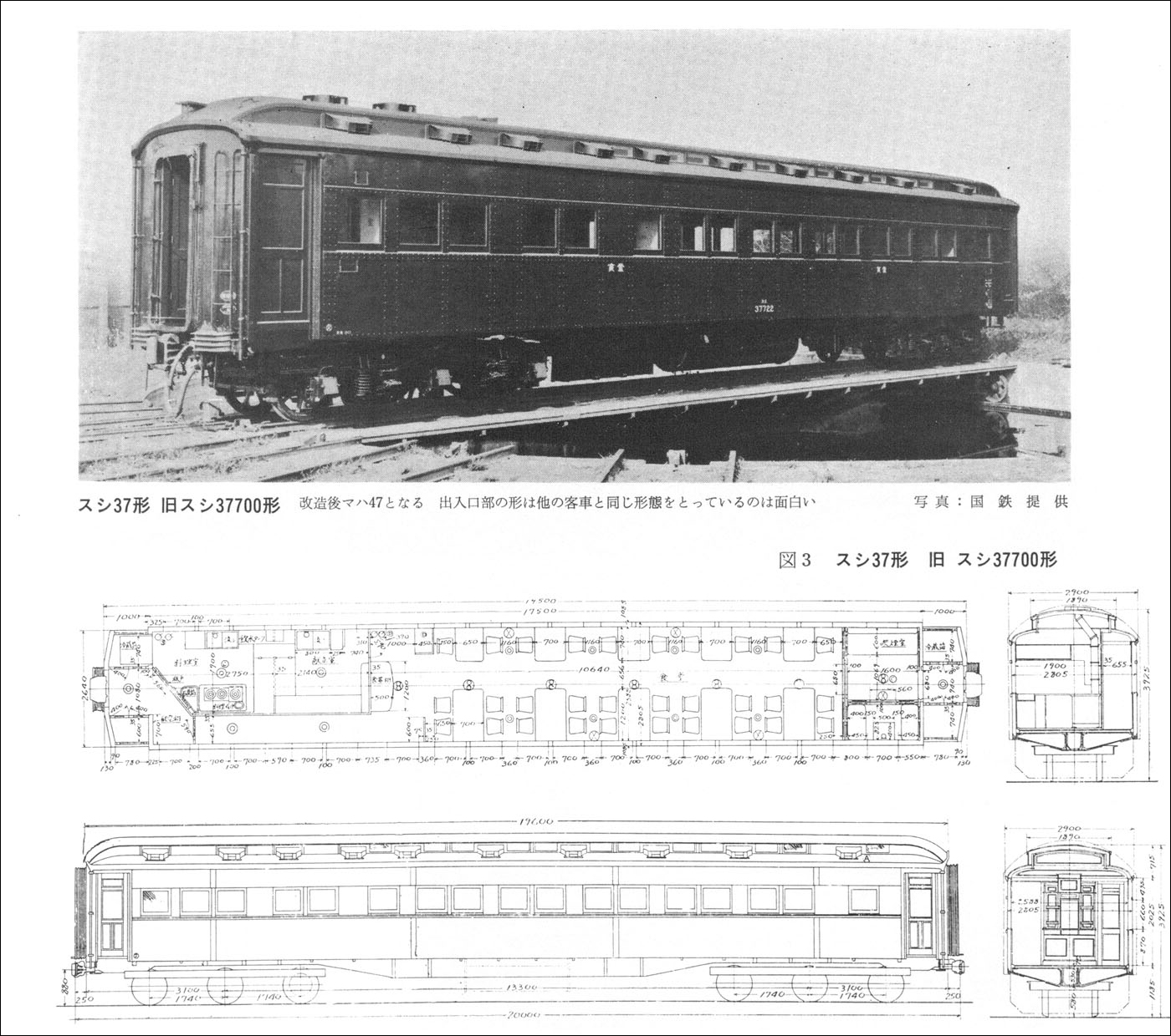 Egy japán gyártmányú, SuShi 37-es sorozatú étkezőkocsi és annak jellegrajza. Az 1929 és 1931 között gyártott kocsik eredetileg SuShi 37700 jelöléssel látták meg a napvilágot, ez 1941-ben változott SuShi 37-re. Efféle étkezőkocsik a Japán Birodalmi Vasút és az elfoglalt kínai területek japán fennhatóságú vasúttársaságai számára is készültek. (Forrás: Tetsudo Fan, 3(21), 41. p., 1962.)